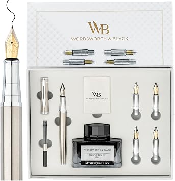 Wordsworth & Black Luxury Fountain Pen Set for Writing,6 Nibs,Silver Chrome | Fountain Ink Bottle, Cartridges & Refill Converter, Refillable, Silver, High End Gift for Men & Women, Journaling & Lettering