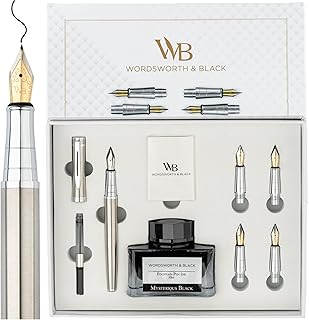 Wordsworth & Black Luxury Fountain Pen Set for Writing,6 Nibs,Silver Chrome | Fountain Ink Bottle, Cartridges & Refill C