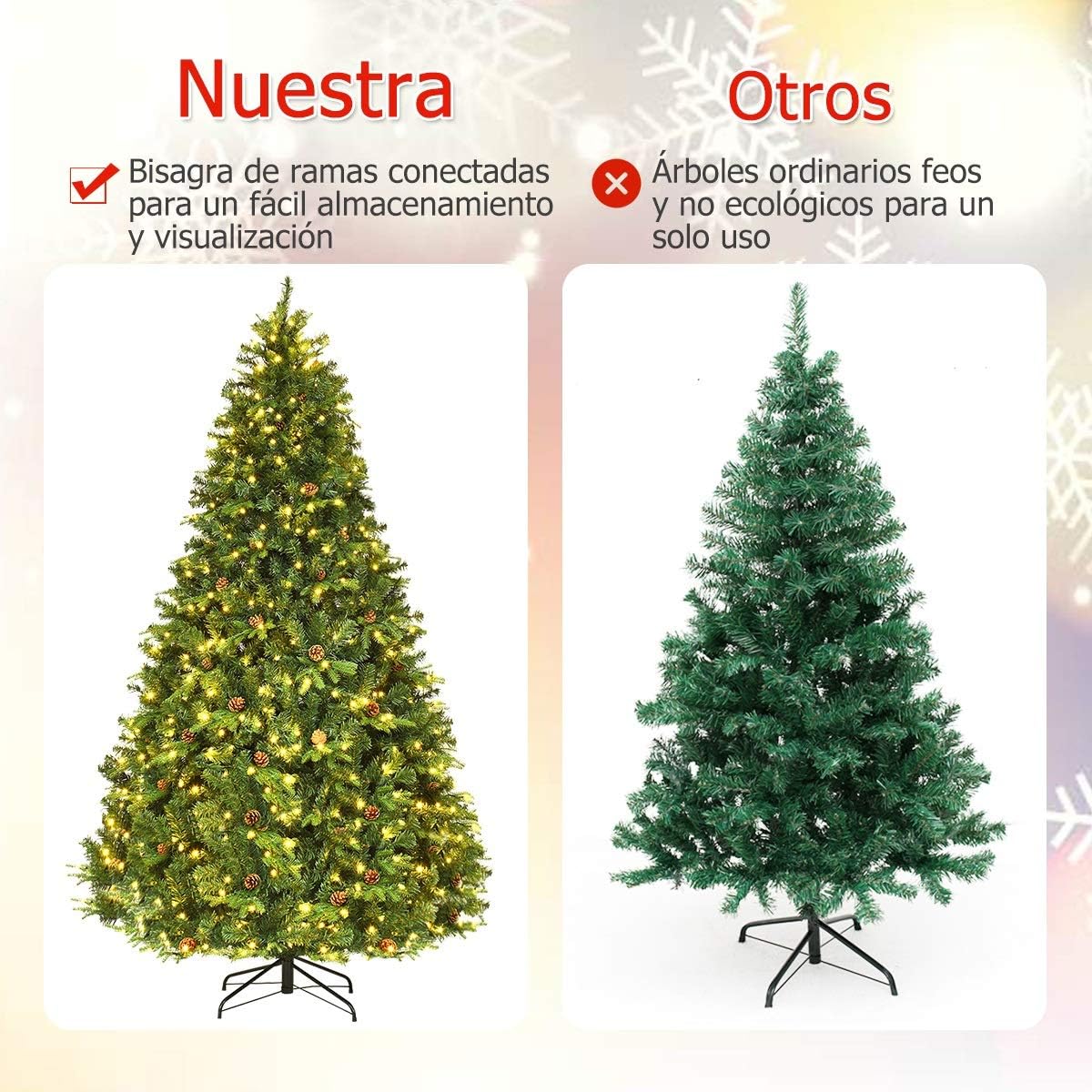COSTWAY Árbol de Navidad Artificial Verde 240cm, Arbol de Navidad con 600 Luces Incorporadas Soporte de Metal, 81 Conos de Pino, PVC y PE, Arvore de Natal Hogar Fiesta Interior (240CM)