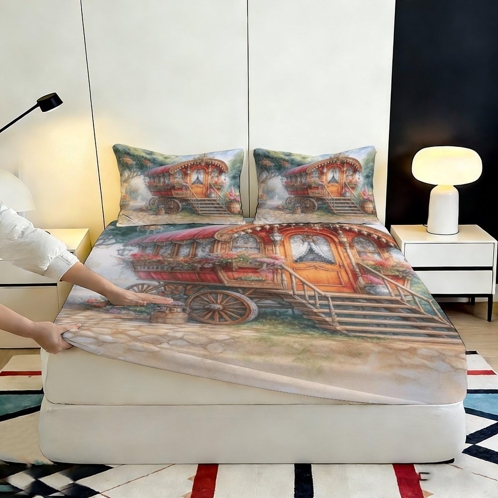 Sábana bajera ajustable con estampado 3D para caravana, funda de cama de
