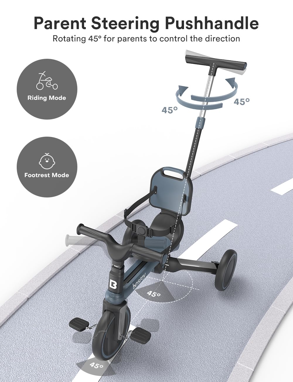 besrey Toddler Tricycle with Parent Steering Push Handle for 1-3 Years Old Girls and Boys, Toddler Bike with Removable Pedals, Foldable Kids Push Trike (Updated Version 2.0 Gray)