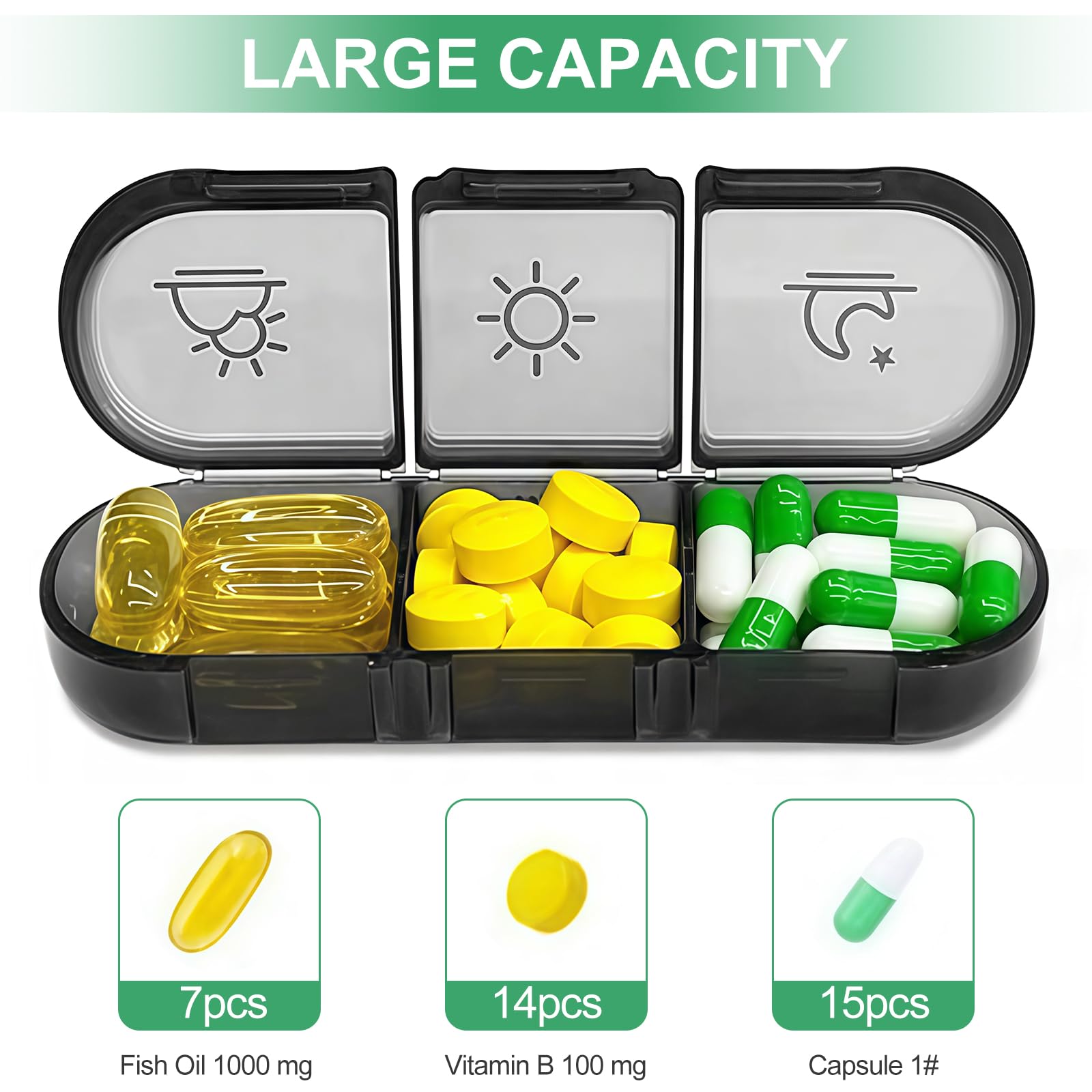 Portapillole Settimanale Da 7 Giorni Con Scomparti Giornalieri Staccabili (3 Al Giorno). Organizzatore Per Pillole, Ideale Per Vitamine, Olio Di Pesce, Integratori e Medicine (Nero) - 4