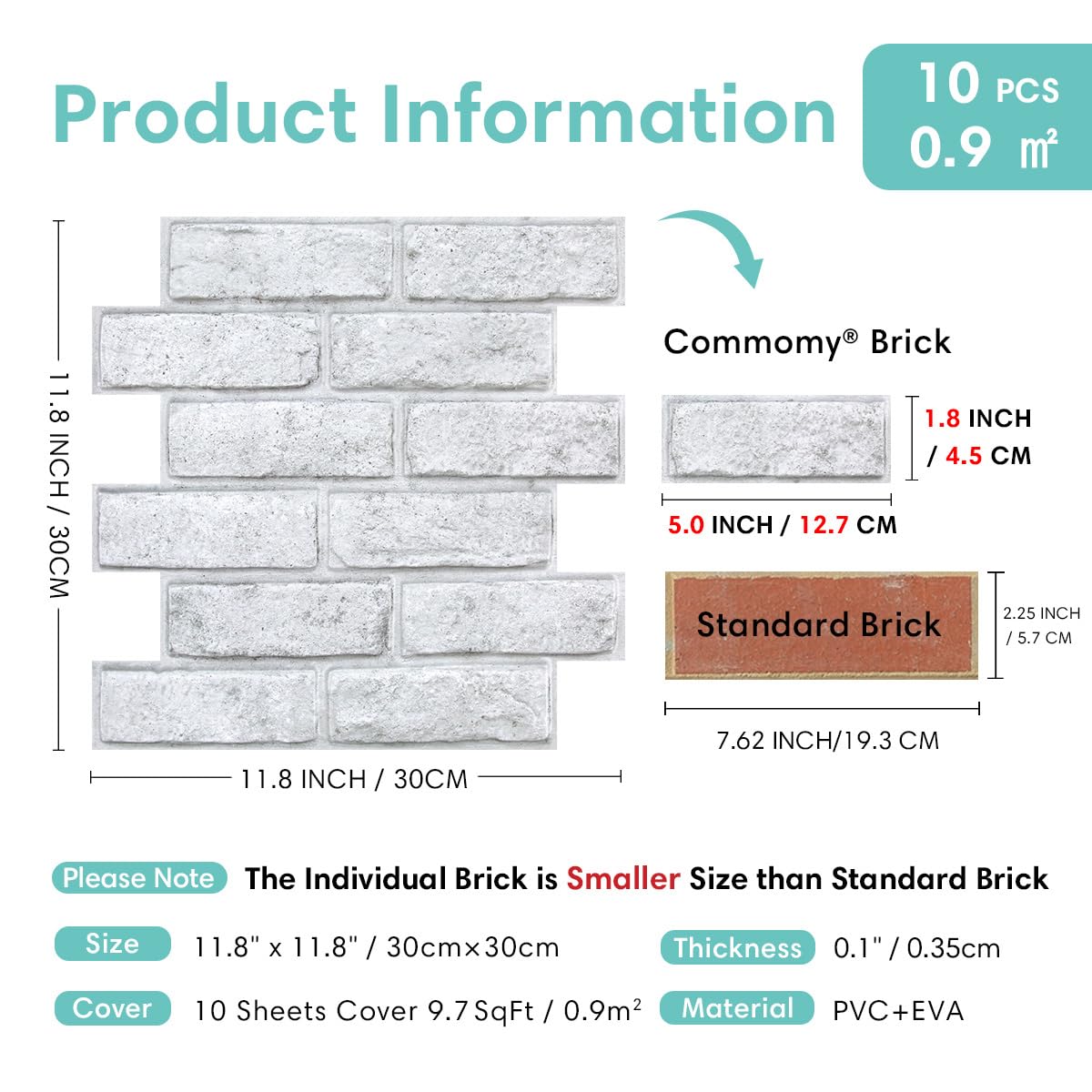 Commomy Panele ścienne 3D samoprzylepne cegły, 10 sztuk, 30 × 30 cm, okładzina ścienna, samoprzylepna tapeta PCW, tapeta 3D, wygląd kamienia, panele z cegły, do salonu, sypialni, dekoracja wnętrz