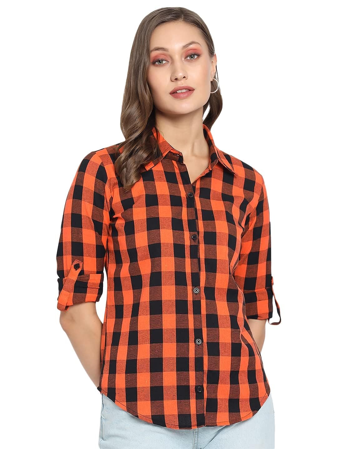 vastraa fusion Women's Cotton Regular Orange Check Shirt/Top-picture-27