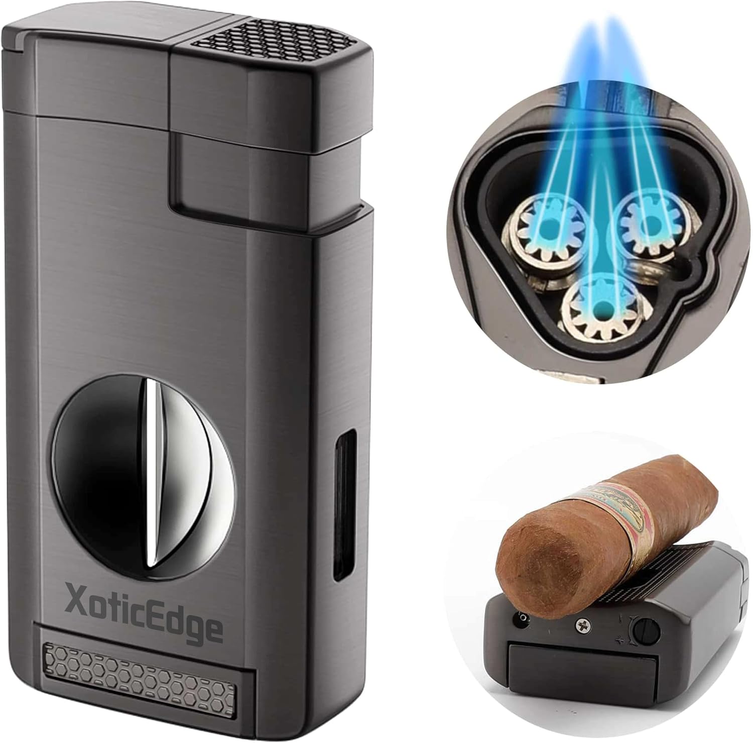 Prestige Import Group XoticEdge Lumina Triple Flame Torch Lighter with Built-in Recessed V-Cut Cutter - Gray Metal