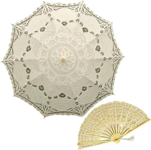 Bestage Sombrilla de encaje marfil hecha a mano para mujer, 30.7 pulgadas, sombrilla vintage de encaje nupcial para decoración de fotos, fiesta de