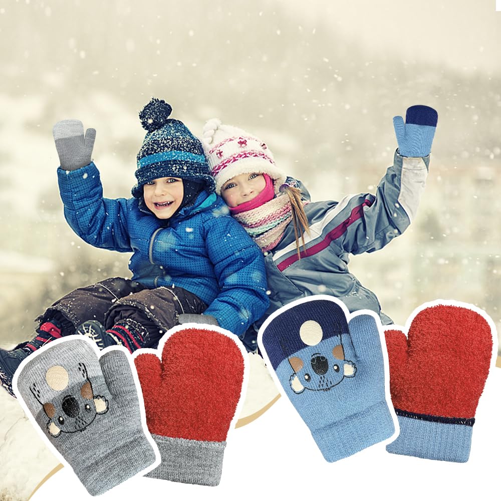 2 Paar Handschuhe Kinder 1-3 Jahre, Handschuhe Winter Fäustlinge Kinder, Winterhandschuhe Kinder, Cartoon Kinderhandschuhe, für Kinder Mädchen Jungen Spielen, Laufen, Skifahren Bedarf