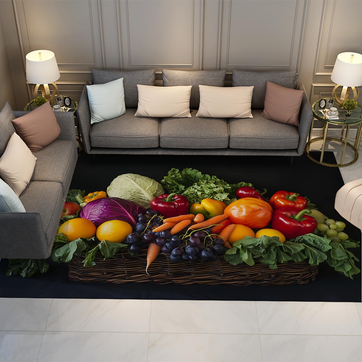 Tapis de Salle à Manger pour l’entrée Tapis Fruits et légumes Moquette Cuisine Antidérapante et à Poil Bas Tapis Doux lavables d’intérieur et décoration intérieure Noir 100x200cm