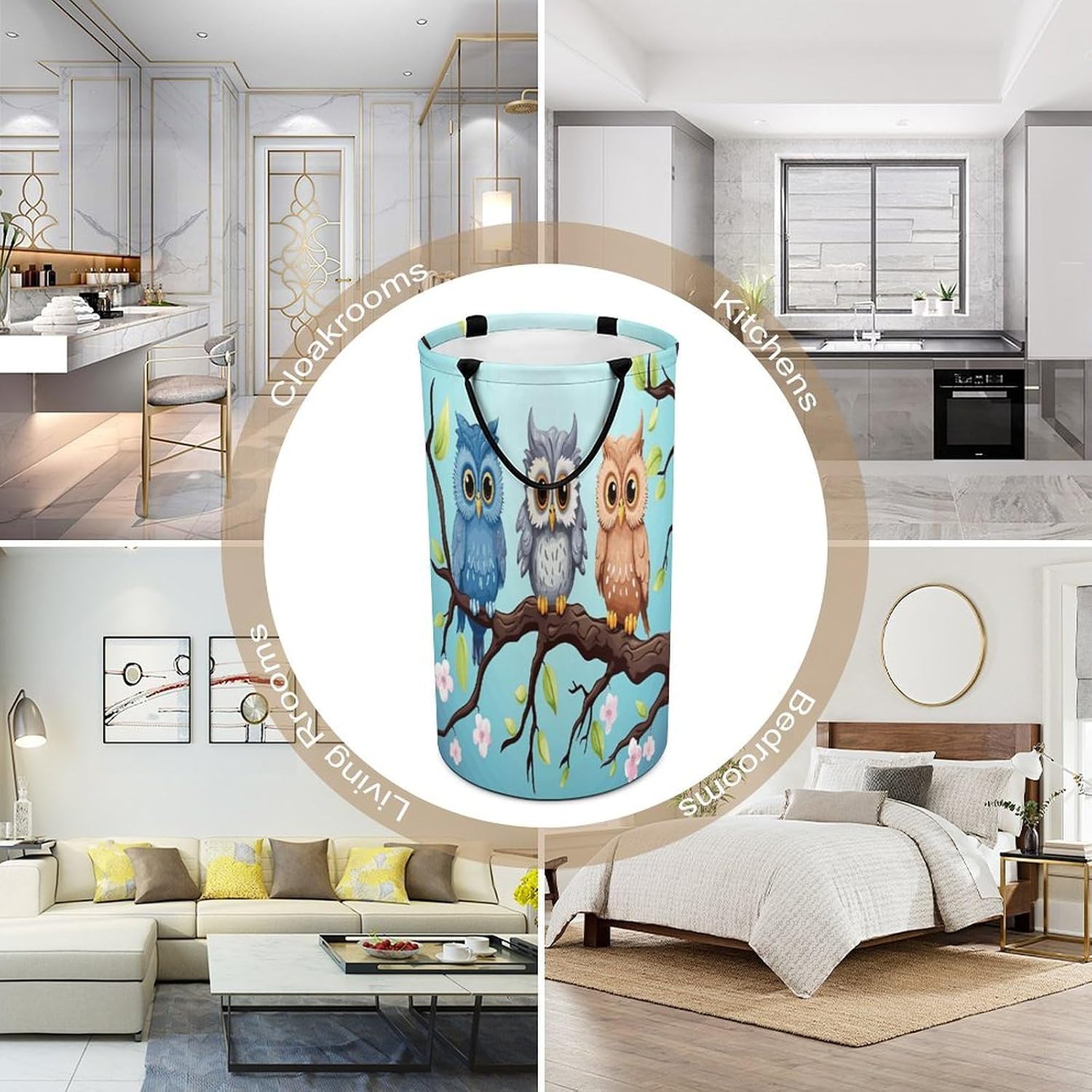 Large Laundry Basket Collapsible Dirty Clothes Basket with Carry Handles Portable Waterproof Freestanding Owls on A Branch Laundry Hamper for Bathroom Bedroom Laundryroom Dorms 86L