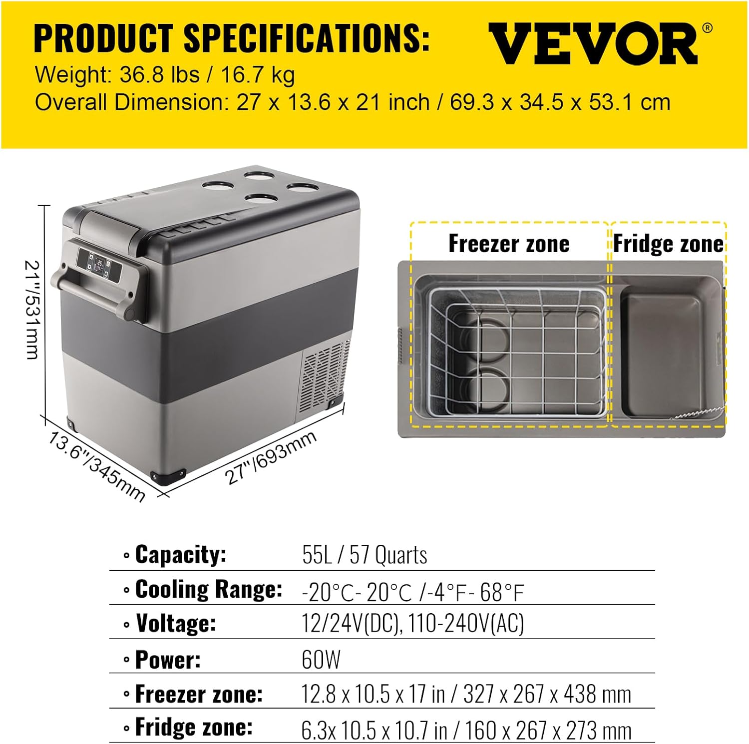 Diagram showing VEVOR CF55 product specifications including weight, dimensions, capacity, cooling range, voltage, power, and zone sizes.