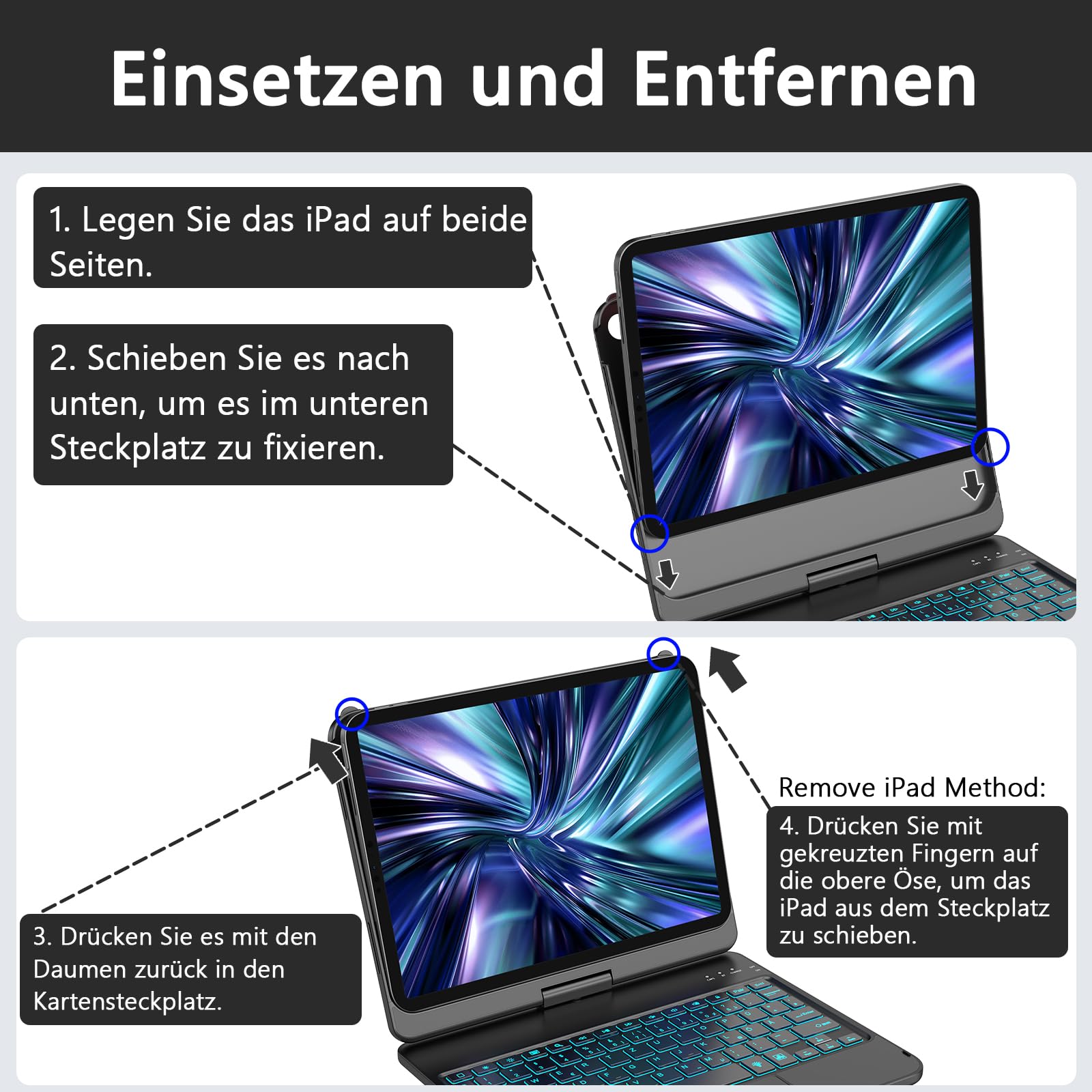 KBCASE Bluetooth Tastatur Schutzhülle für iPad 10. Gen 2022 10,9 Zoll, iPad 11. Gen 2025 A16 11 Zoll, mit Touchpad, QWERTZ, 360°-Drehung, 7- Farbige Hintergrundbeleuchtung (Mitternachtsschwarz)