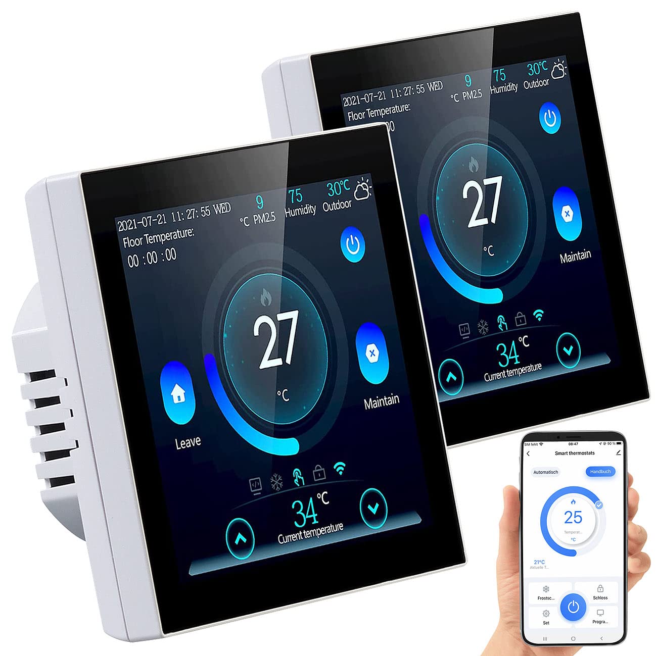 revolt Thermostat Fußboden: 2er-Set WLAN-Thermostate für Fußbodenheizungen, Touchdisplay (Infrarotheizung WLAN, Wandthermostat Heizung, Handy)
