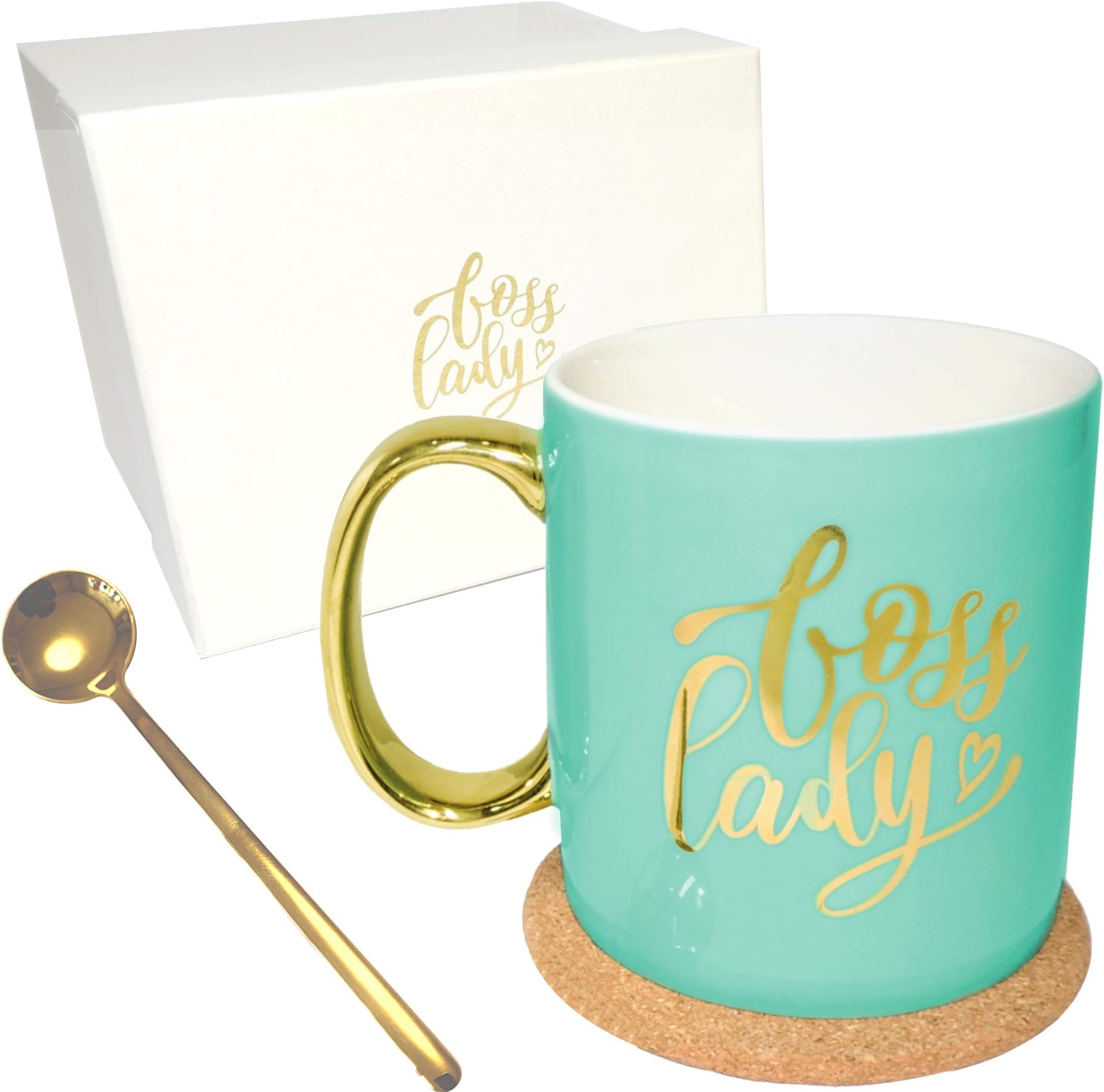 Boss Lady Coffee Mug, Includes Gold Luxury Spoon, Cork Coaster and Beautiful Box, Mint and Gold Larger Coffee Cup, Motivational Gift for Women, Gold Handle and Design,16 Ounces Ceramic Hand Lettered
