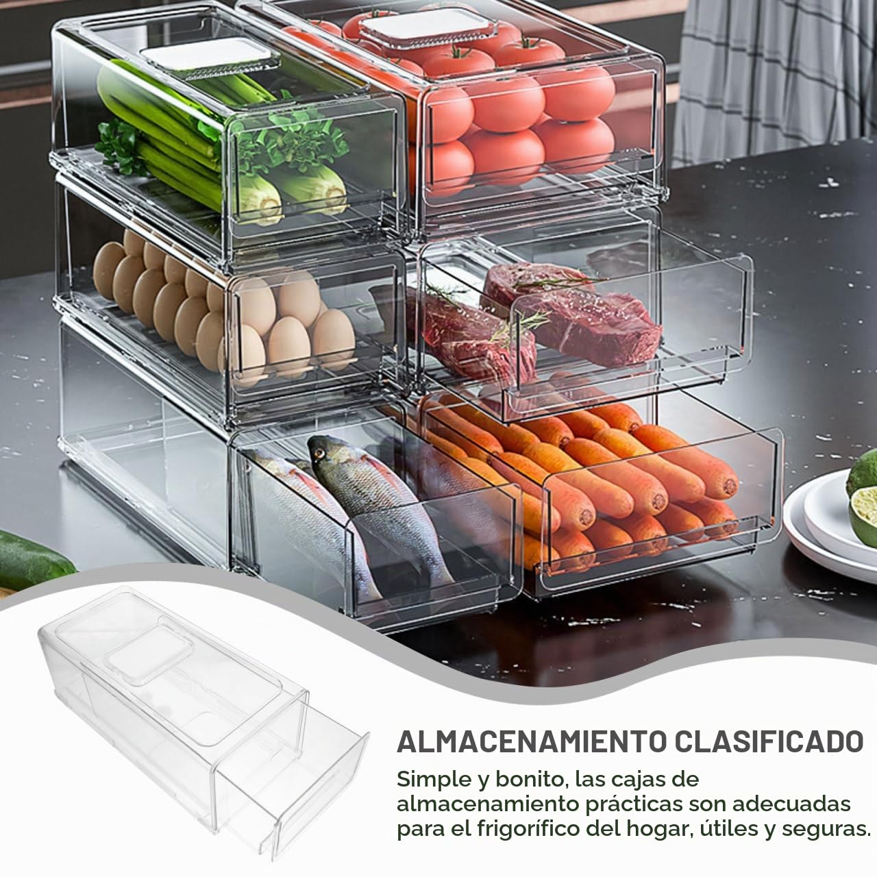 Caja de Almacenamiento de Refrigerador Apilable Contenedor de Alimentos Extraíble para Frigorífico Organizador de Cajón de Premium para Verduras Frutas y Comidas