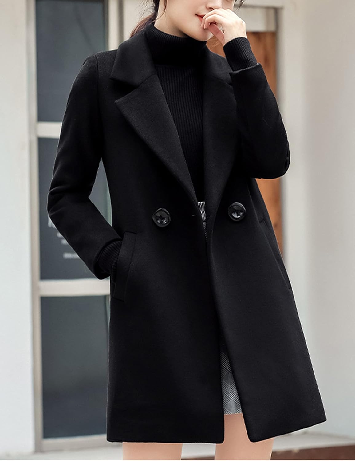 Tanming Womens Elegant Notched Collar Button Wool Blend Solid Long Pea Coat Overcoat - Image 5