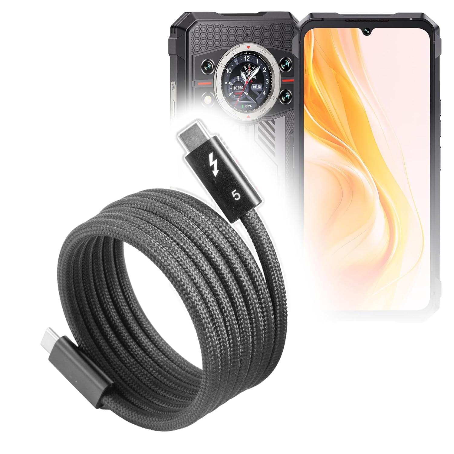 BoxWave Cable Compatible with Cubot Kingkong 11 - SnapWrap Thunderbolt 5.0 Cable (5ft 240W), Magnetic Self-Coiling Nylon Braided Retractable - Jet Black