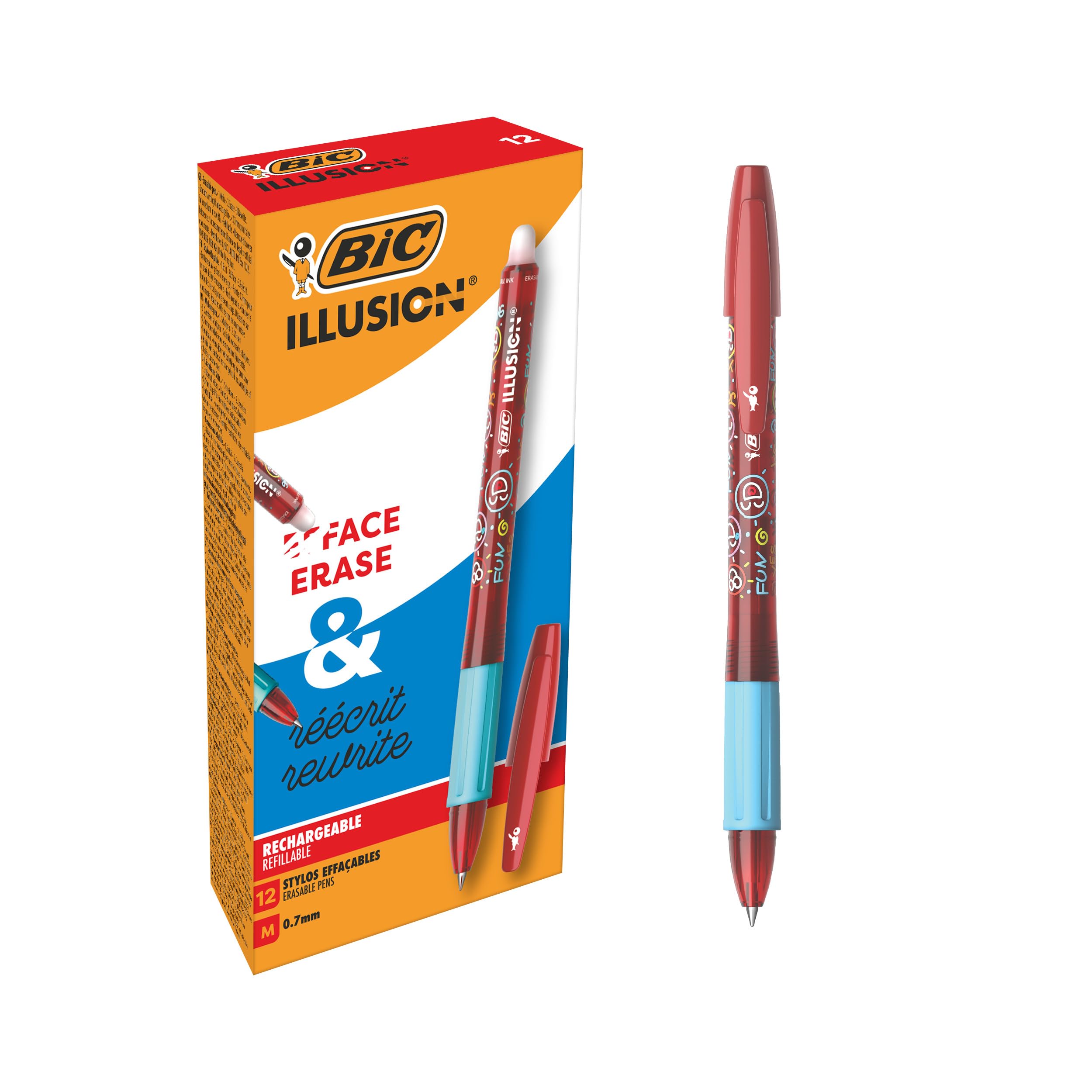 BIC Illusion Erasable Refillable Ballpoint Pens with Medium Point (0.7mm) - Red, Box of 12