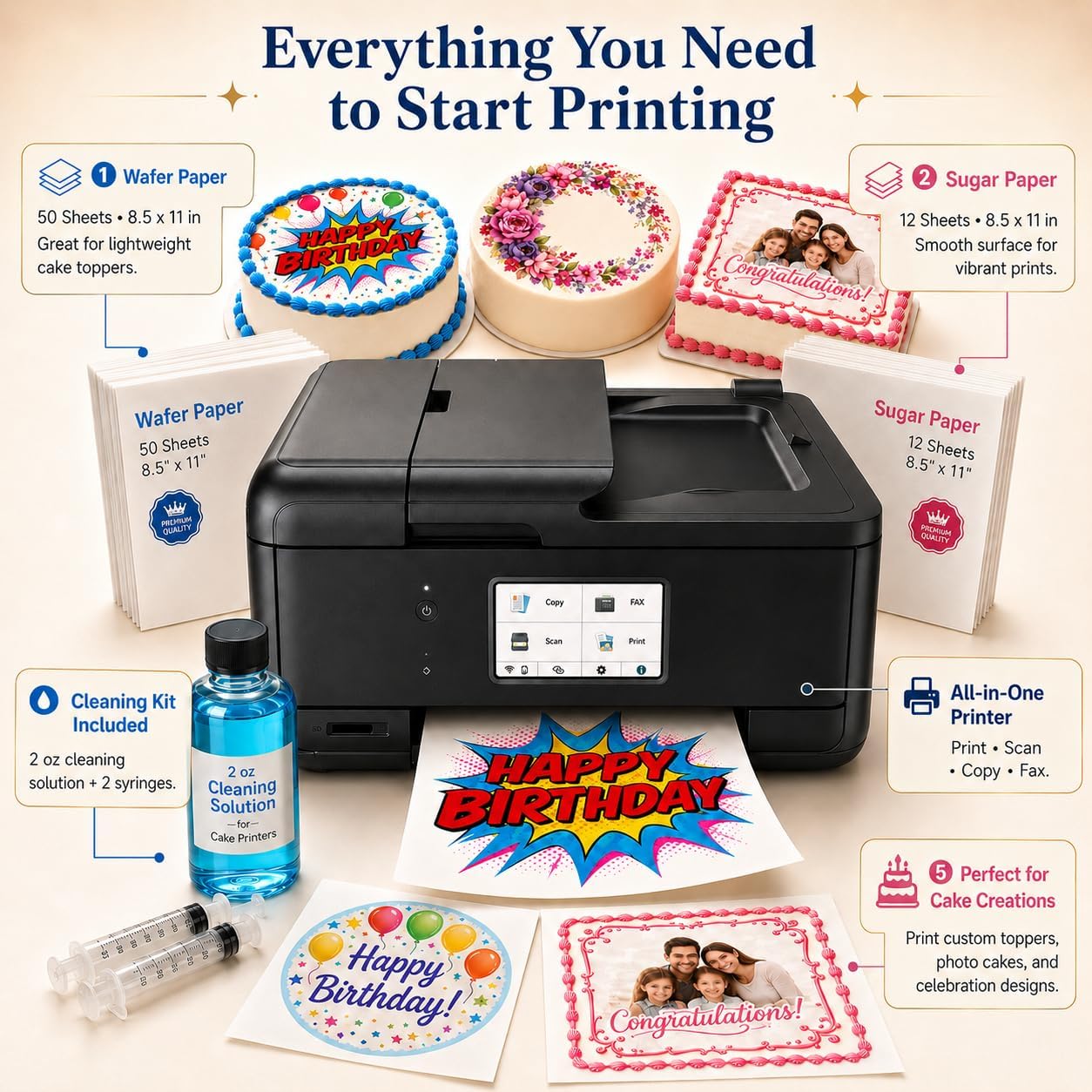 Ediblethingz Cake Topper Image Printer Bundle Kit, Includes Printer 50 Premium Wafer Paper Sheets, 12 Supreme Icing Sheets, Cleaning Kit, Wireless All-in-One