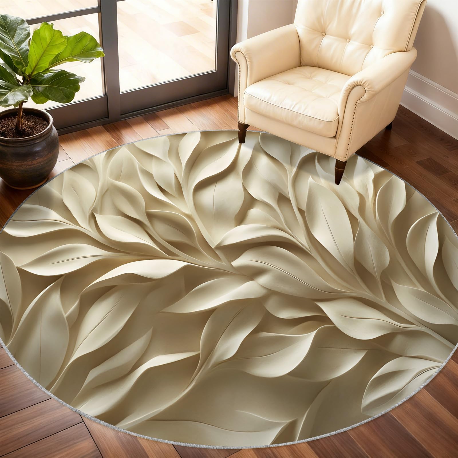 Runder Teppich mit 3D-Blättern, 18 cm, Beige | Minimalistische Teppiche für Esszimmer, weicher niedriger Flor, waschbar, moderne Flurdekoration, Teppiche und Bodenteppich