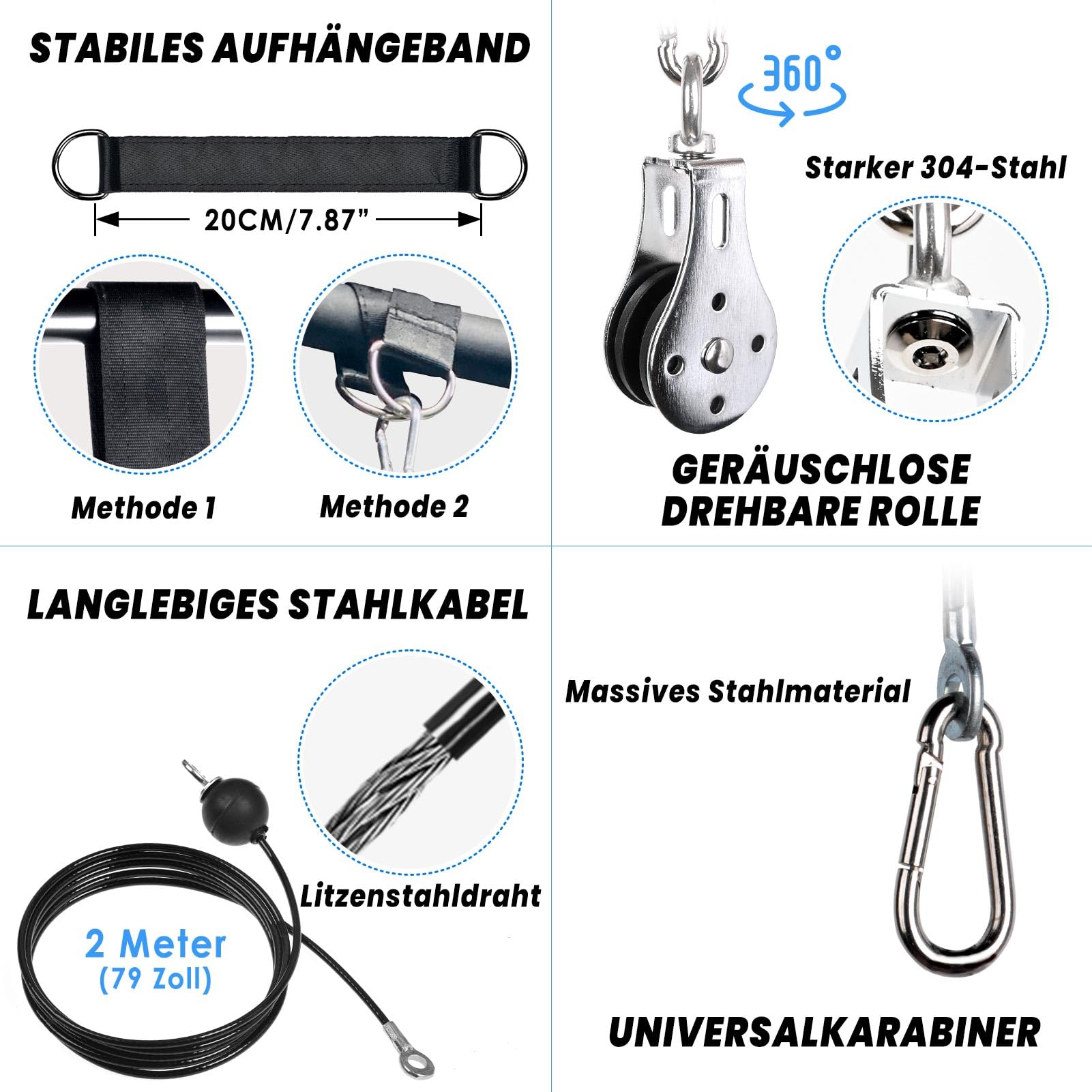Kabelzug Fitness Latzug Gym Kabel mit 100cm Latzugstange, Fitness Kabelzug Set Trainer Trizeps Bizeps Rücken Arm Trainingsgerät Latzugturm Kabelturm Sportgeräte Home Gym Workout Zuhause