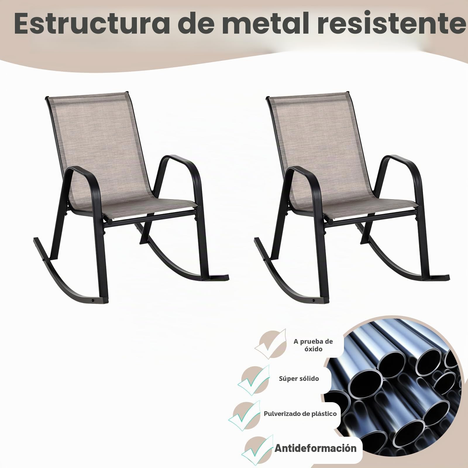 KOMFOTTEU Juego de 2 Sillas Mecedoras de Jardín,Tumbona Mecedora de Exterior de Tejido Textilene y Marco Metálico, Sillón de Patio con Balanceo Suave, Carga hasta 150 kg, 91 x 62 x 86 cm (Marrón)