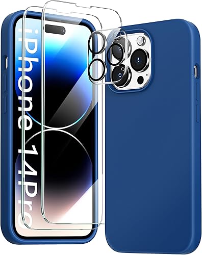 Funda 3 en 1 para iPhone 14 Pro, silicona líquida con 2 protectores de pantalla y 2 protectores de cámara Funda protectora de cuerpo completo para