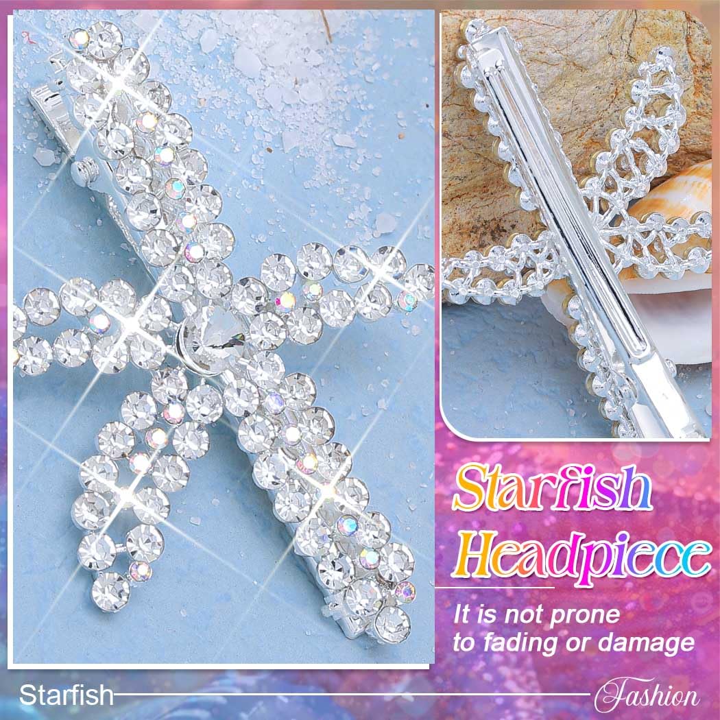 Reaky Starfish Hair Clips Mermaid Hair Clip 3 Pcs Pearl Clips Rhinestone Hair Accessories for Women (Silver) - Image 4