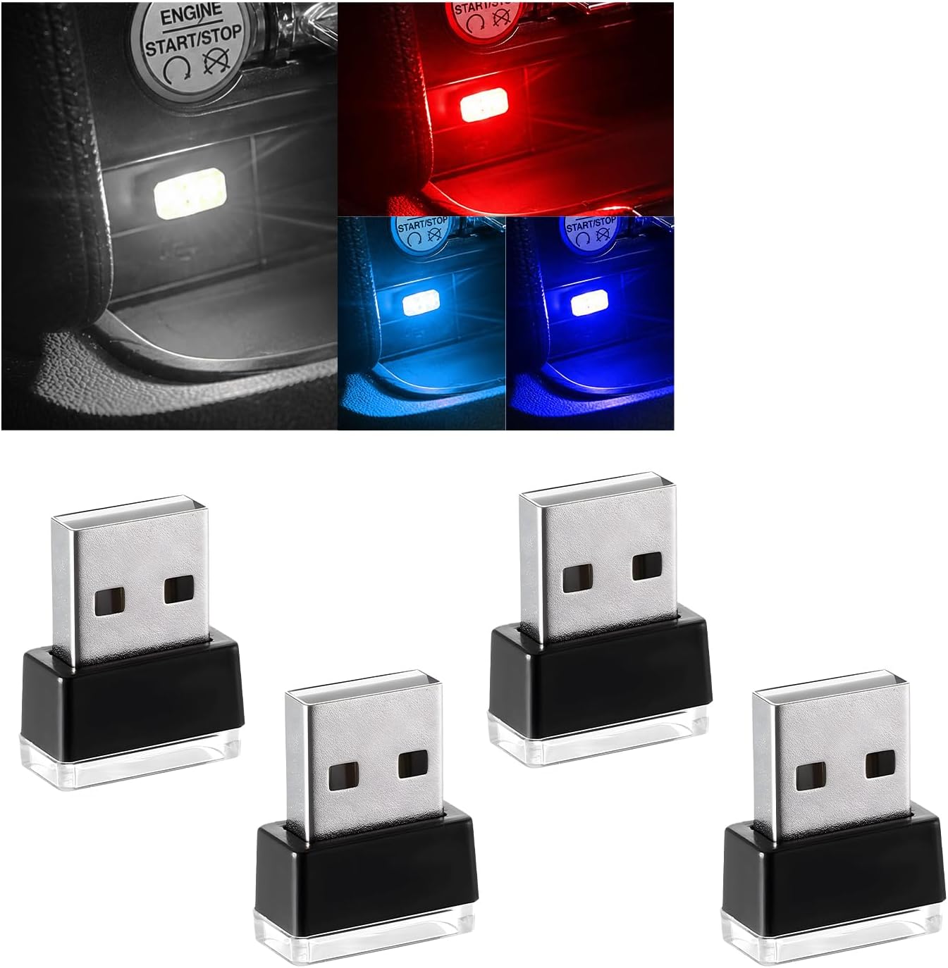 Augeny 4 PCS USB LED Car Interior Atmosphere Lamp, Plug-in USB Decor Night Light, Portable Auto Ambient Lighting Kit, Universal Vehicle Interior Accessories for Most Cars (White+Red+Blue+Ice Blue)
