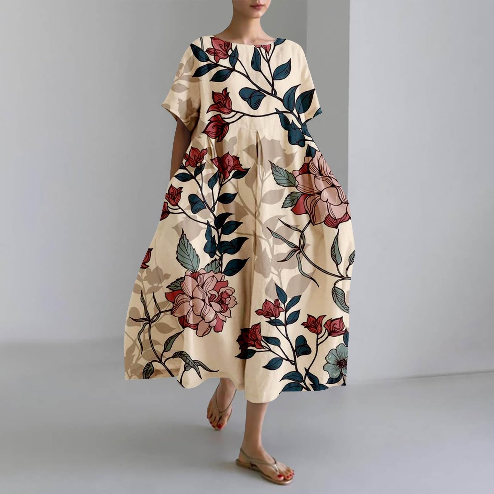 Leinenkleid Damen Sommer Lang Boho Große Größen Maxikleid Loose Rundhals Freizeitkleid Blumen Druck Urlaubskleid Halbärmeln Longshirt Vintage Maxi Dress Mode Strandkleid Lange Kleid