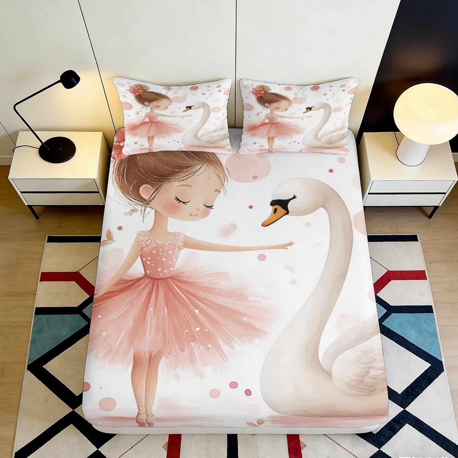3D Printed Ballerina Swan Fitted Sheet Microfiber Anti-Slip Mattress Cover for Bedroom Dorm Machine Washable Decor 90x200x25cm