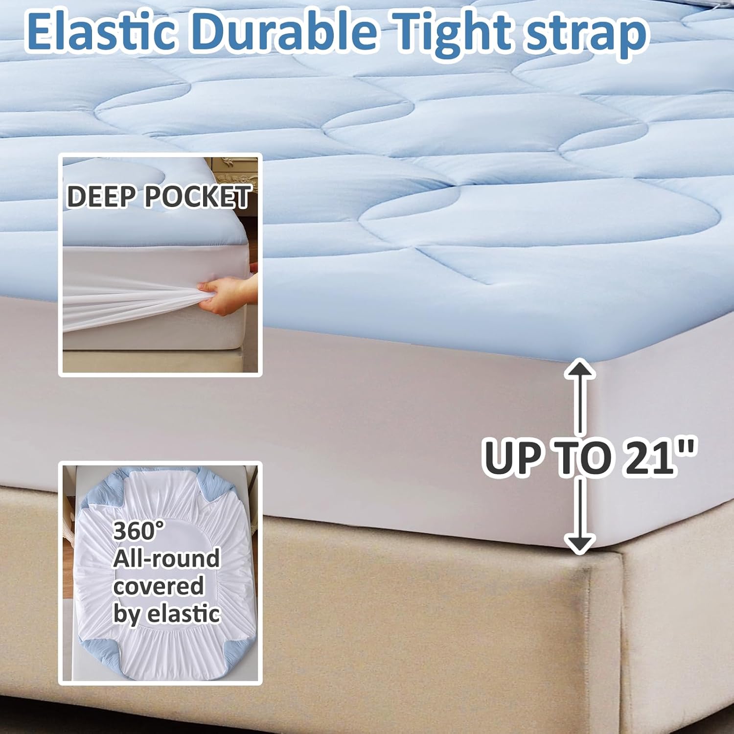 Queen Size Cooling Mattress Pad Waterproof Mattress Topper for Hot Sleepers - Soft Breathable Mattress Cover with 8"-21" Deep Pocket (60×80",Blue)