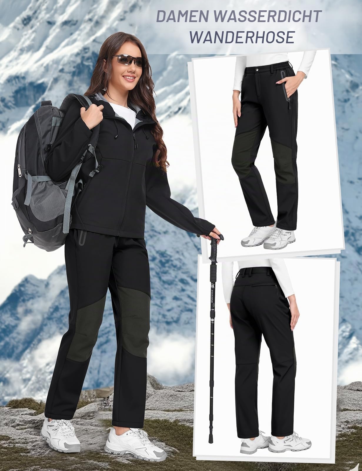 Damen Wanderhose Wasserdicht Skihose Softshellhose Thermohose Fleece Gefüttert Winter Hosen Schneehose Winddicht Warm Arbeitshose Trekkinghose Langlaufhose Knie-Reibungsschutz