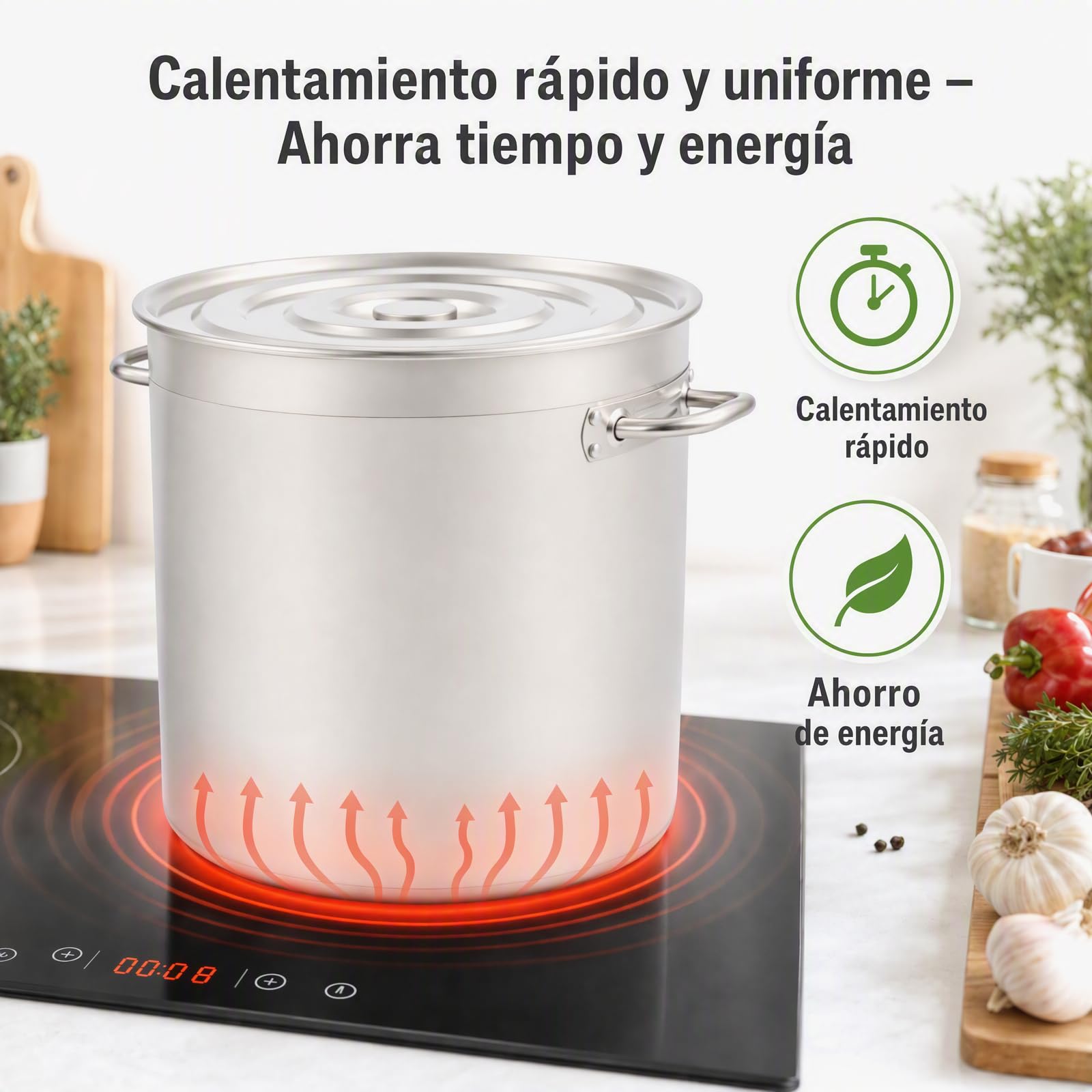 Olla grande de acero inoxidable de 50 L, para inducción con asas, base plana, tapa retráctil, diámetro de 40 cm, altura: 40 cm, olla de acero inoxidable grande para cocinas de gas, cocinas