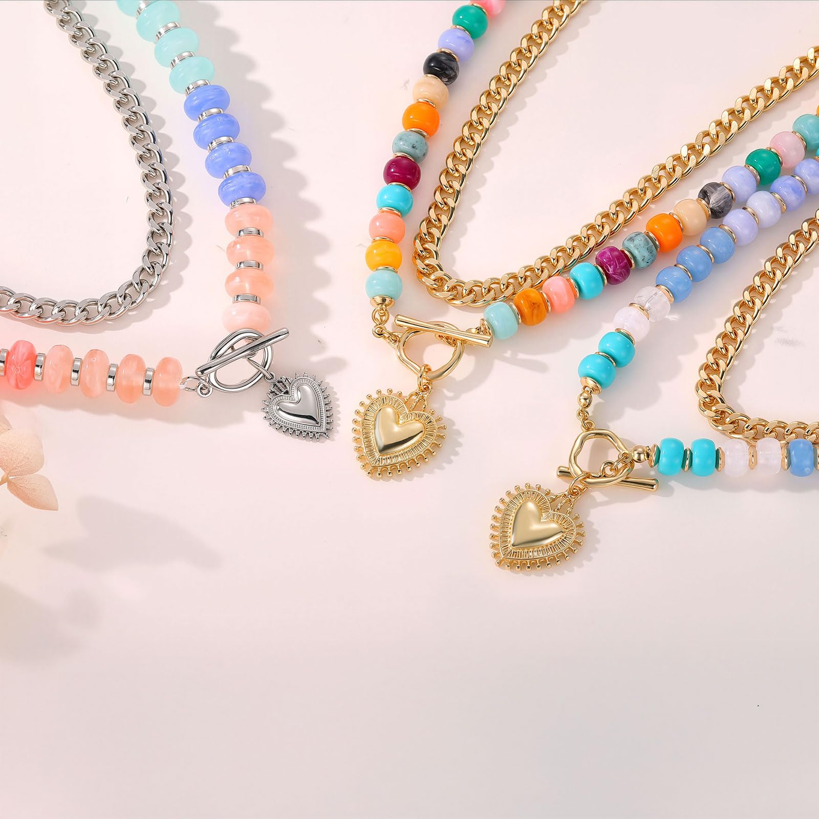 Collana a strati con perline a forma di cuore placcata oro 14 K