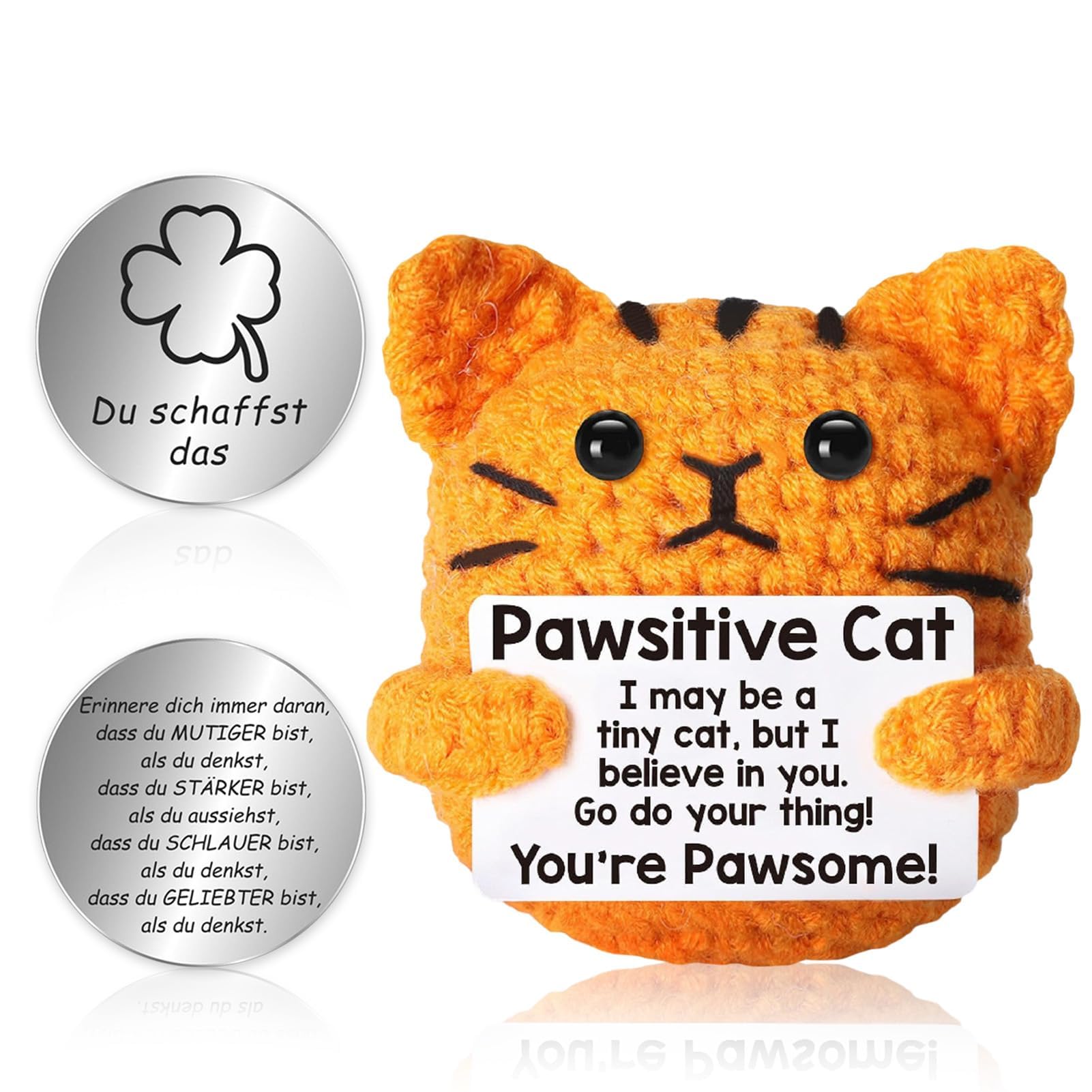 Meanju Positive Geschenke Katze Kuscheltier, Lustige Geschenke für Frauen, Pocket Hug Katzen Plüschtier, Kreative Gehäkelte Katze Puppe mit Glücksbringer, Gute Besserung Mutmacher Geschenk