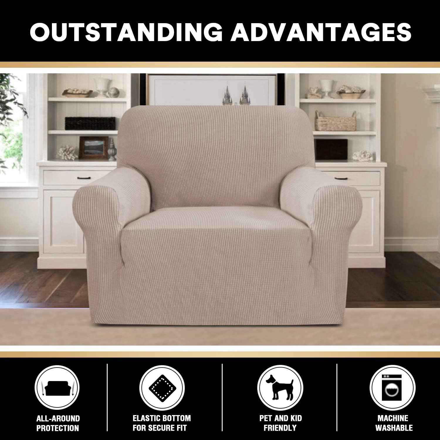 PrinceDeco Stretch Chair Cover Chair Slipcovers with Arms 1-Piece Chair Sofa Slipcovers or Living Room Non Slip Armchair Cover Furniture Protector Dogs Pet Friendly(Armchair,Sand)