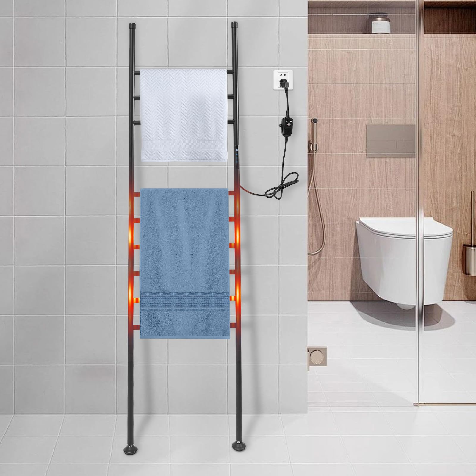 150W Elektrischer Handtuchwärmer aus Edelstahl mit Touch-Bedienung, Bodenstehender Handtuchhalter mit Temperaturregler (45~70℃), Elektrischer Handtuchständer mit Timer (1-24H) (Schwarz)