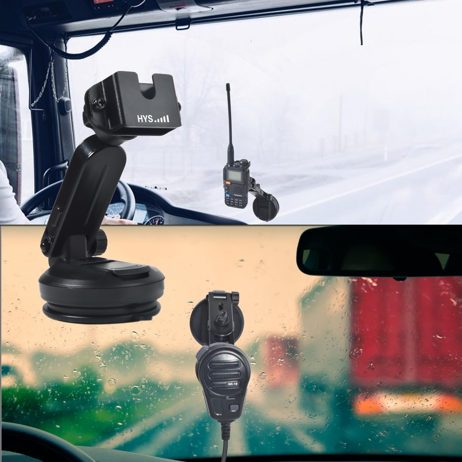 HYS Uchwyt na przednią szybę samochodu, uchwyt przyssawki, kompatybilny z Motorola Baofeng Yaesu Icom Walkie Talkie, wszystkie urządzenia mobilne z klipsem (X-7-A)