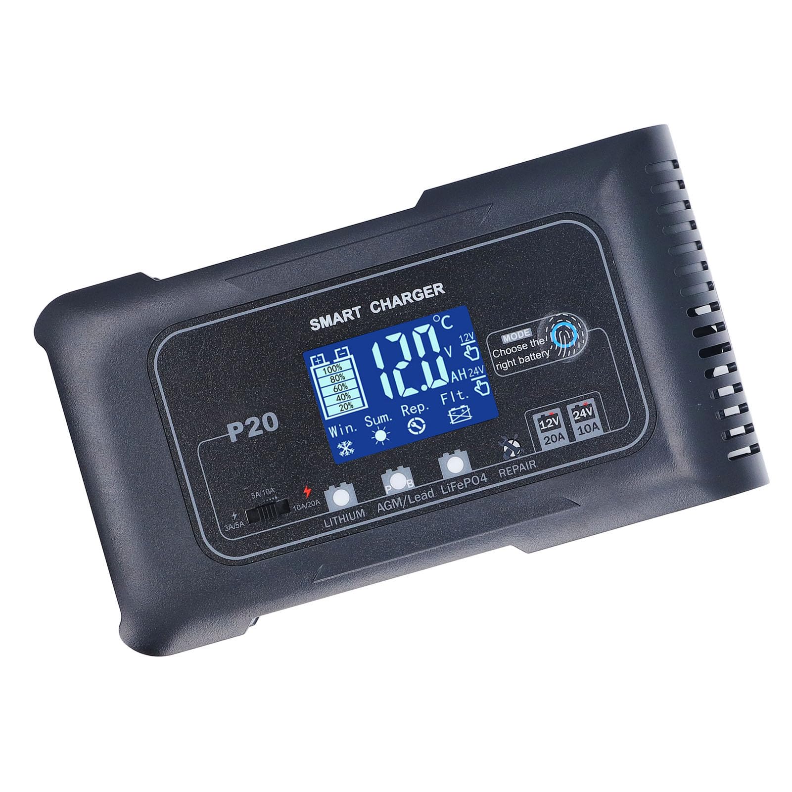 CHICIRIS Ładowarka Akumulatorów 12V 24V, Automatyczna Inteligentna ładowarka z funkcją Naprawy Impulsów i Wyświetlaczem LCD, do Mokrego Akumulatora Litowego AGM GEL EFB MF (wtyczka UE)