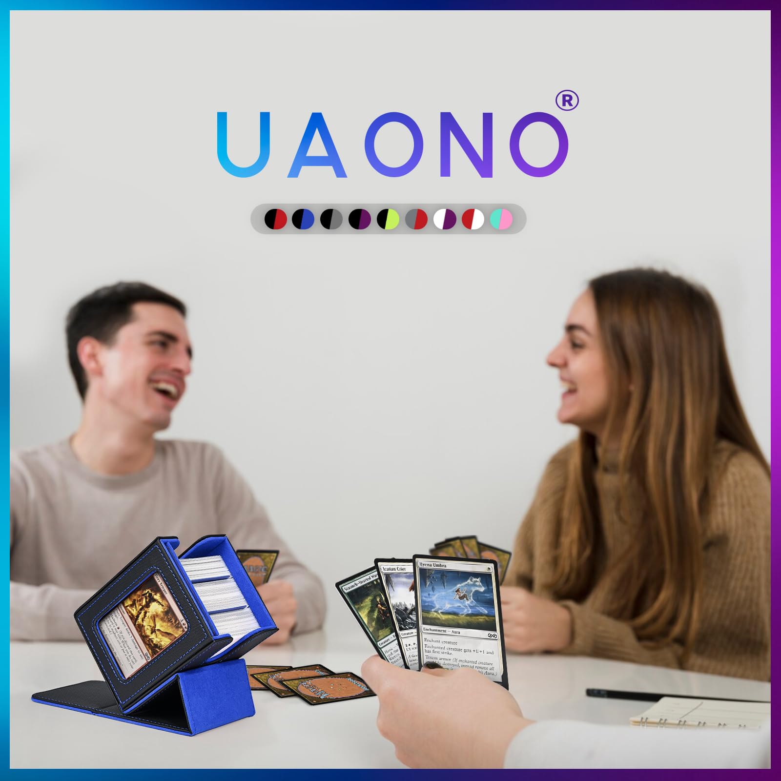 UAONO Caja de cartas con pantalla MTG Commander, funda para más de 100 tarjetas de doble manga, caja de almacenamiento de tarjetas coleccionables para TCG/PTCG/Sports con 2 divisores, 1 cargador