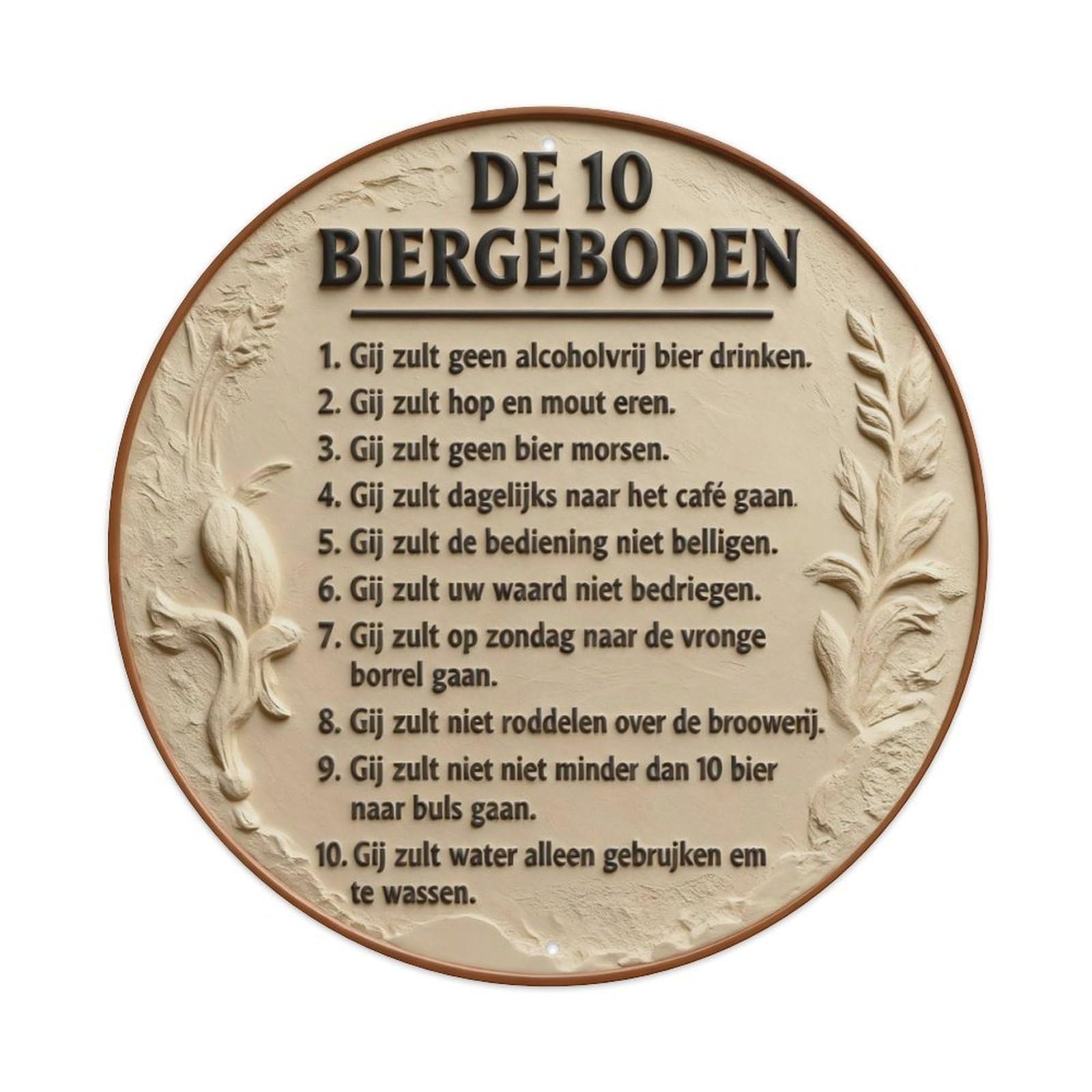 The Ten Beer Commandments Rules Humor Dutch Language Round Metal Tin Sign Vintage Wall Decor, Bar Garage Cafe Kitchen Home Wall Art Poster 8x8inches