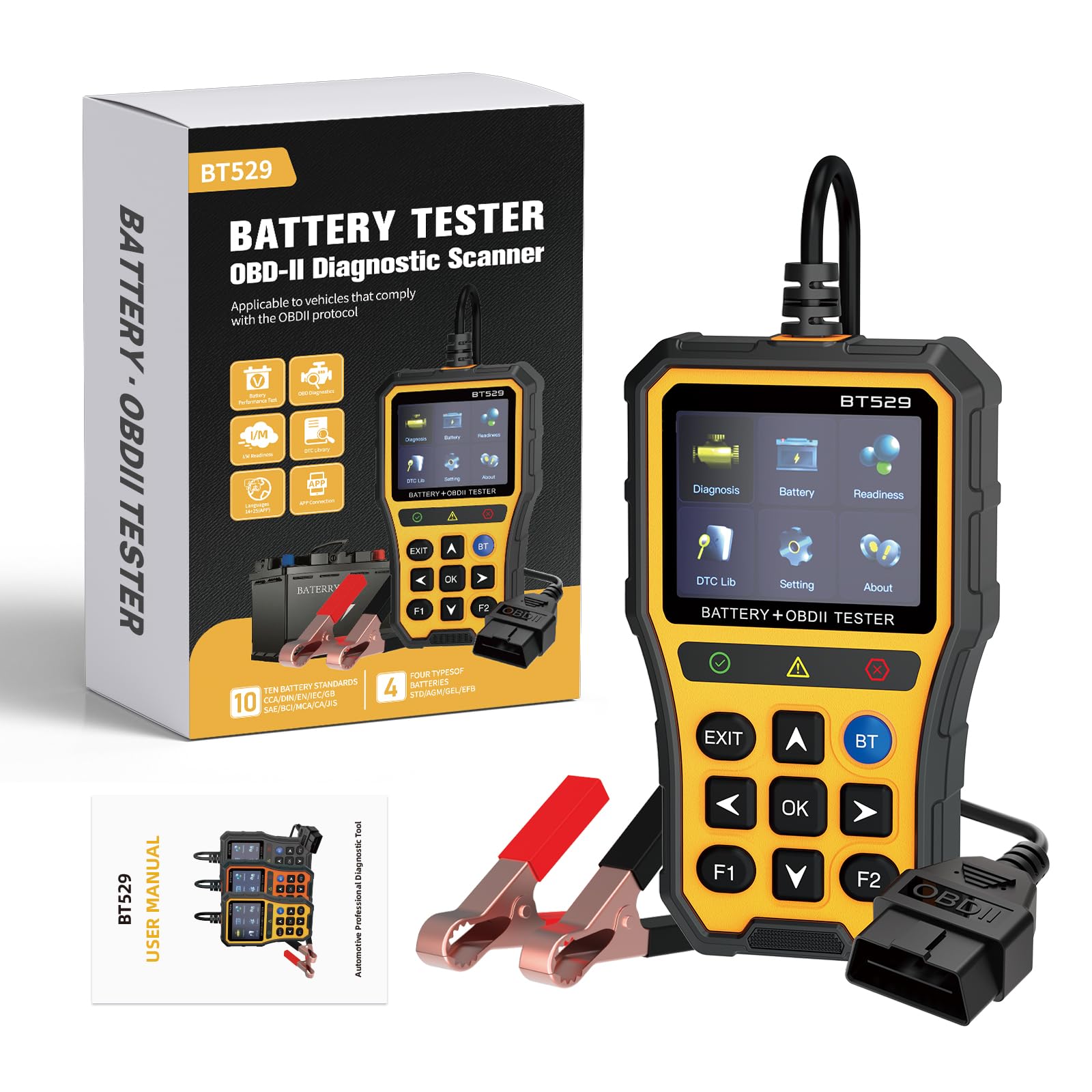 BT529 Comprobador de batería de coche 100 – 2000 CCA 12 V-24 V AGM GEL EFB STD Comprobador de batería, analizador de generador digital para vehículos de motor, sistema de carga para coches, camiones