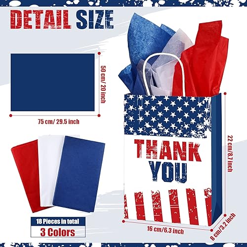 Miniatura 2 de 16 bolsas de regalo patrióticas de agradecimiento con 18 papel de seda rojo, blanco y azul, bandera estadounidense, recuerdo de fiesta, bolsas de