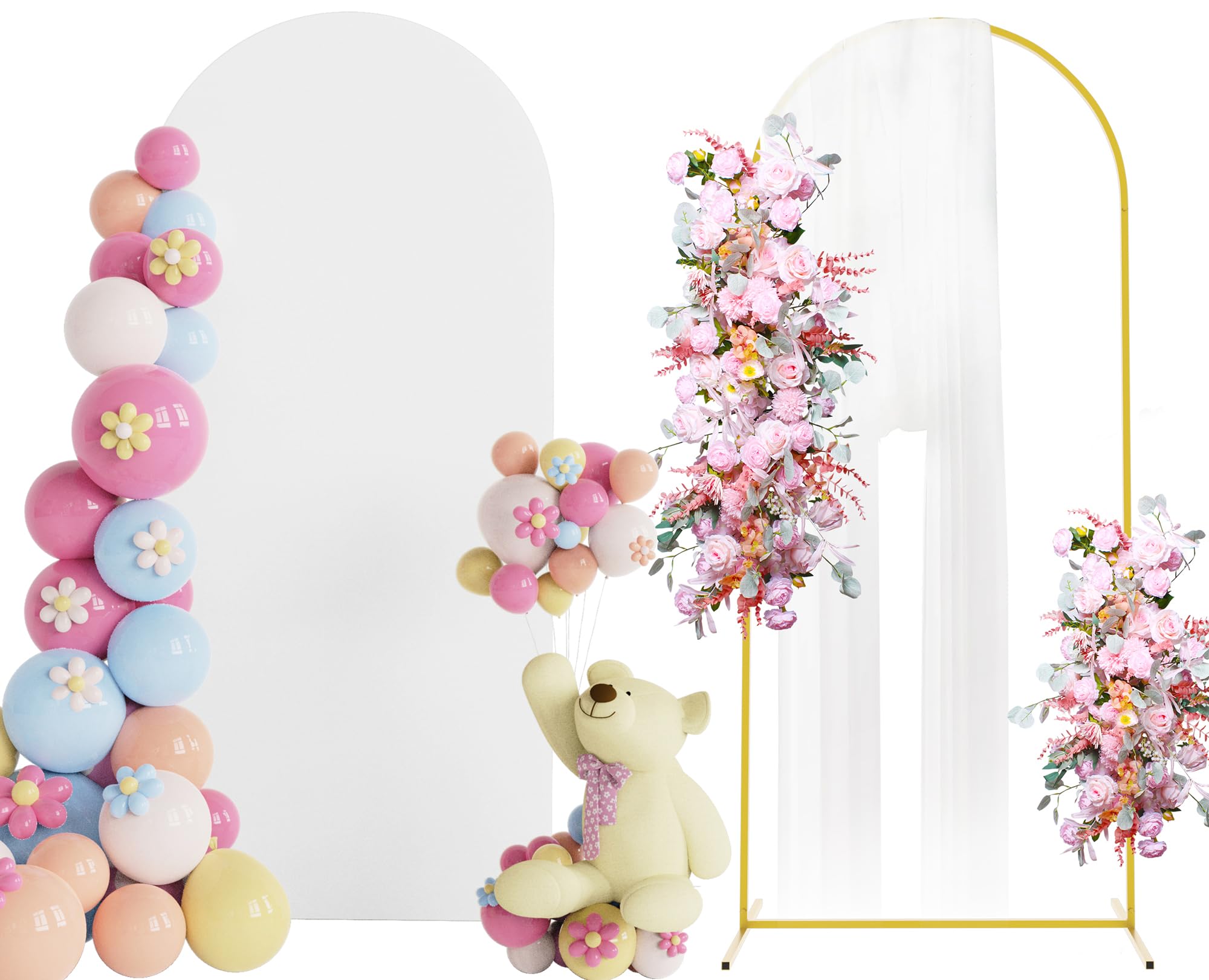 Putros 6ft Metal Arch Stand with Cover White Spandex Fitted Wedding Arch Cover and Round Top Chiara Backdrop Set for Birthday Party Baby Shower Decoration