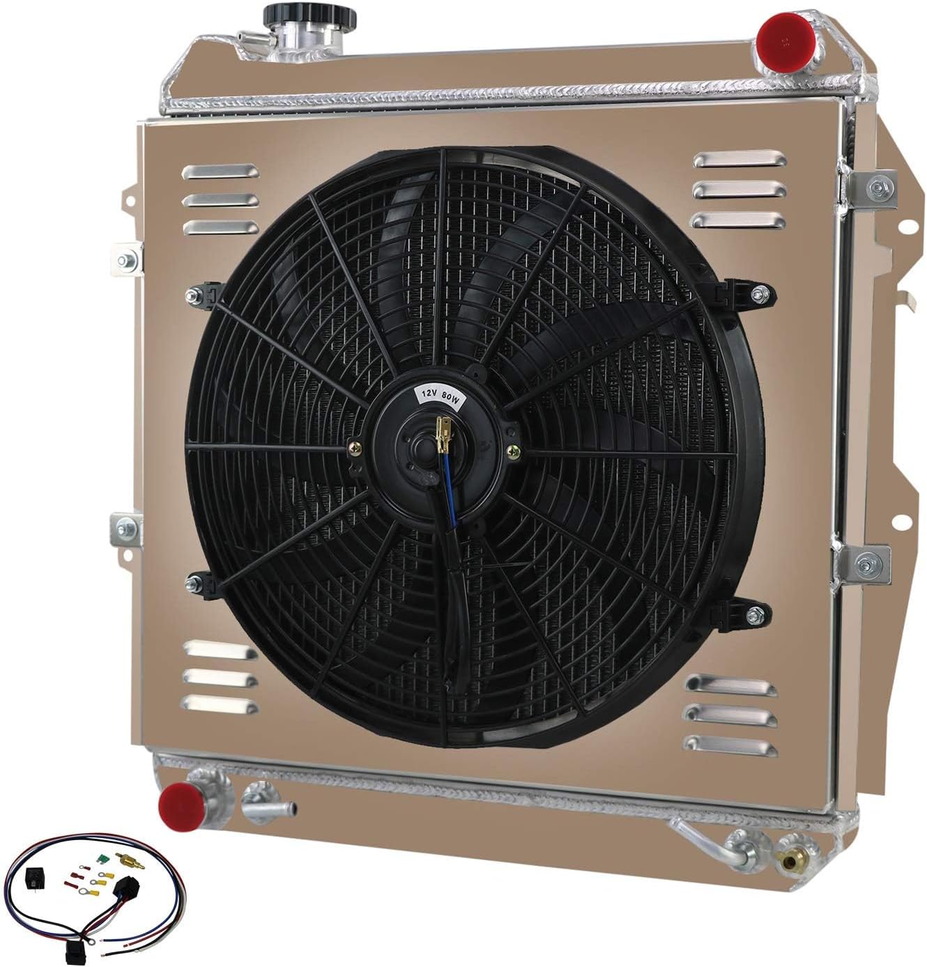 ALLOYWORKS 3 Row All Aluminum Radiator 16" Fan Shroud Relay for 1988-1995 Toyota Pickup 4Runner SR5 3.0L V6 Engines Crossflow Radiators, OEM CC50, 23 1/2" H x 23 1/2" W