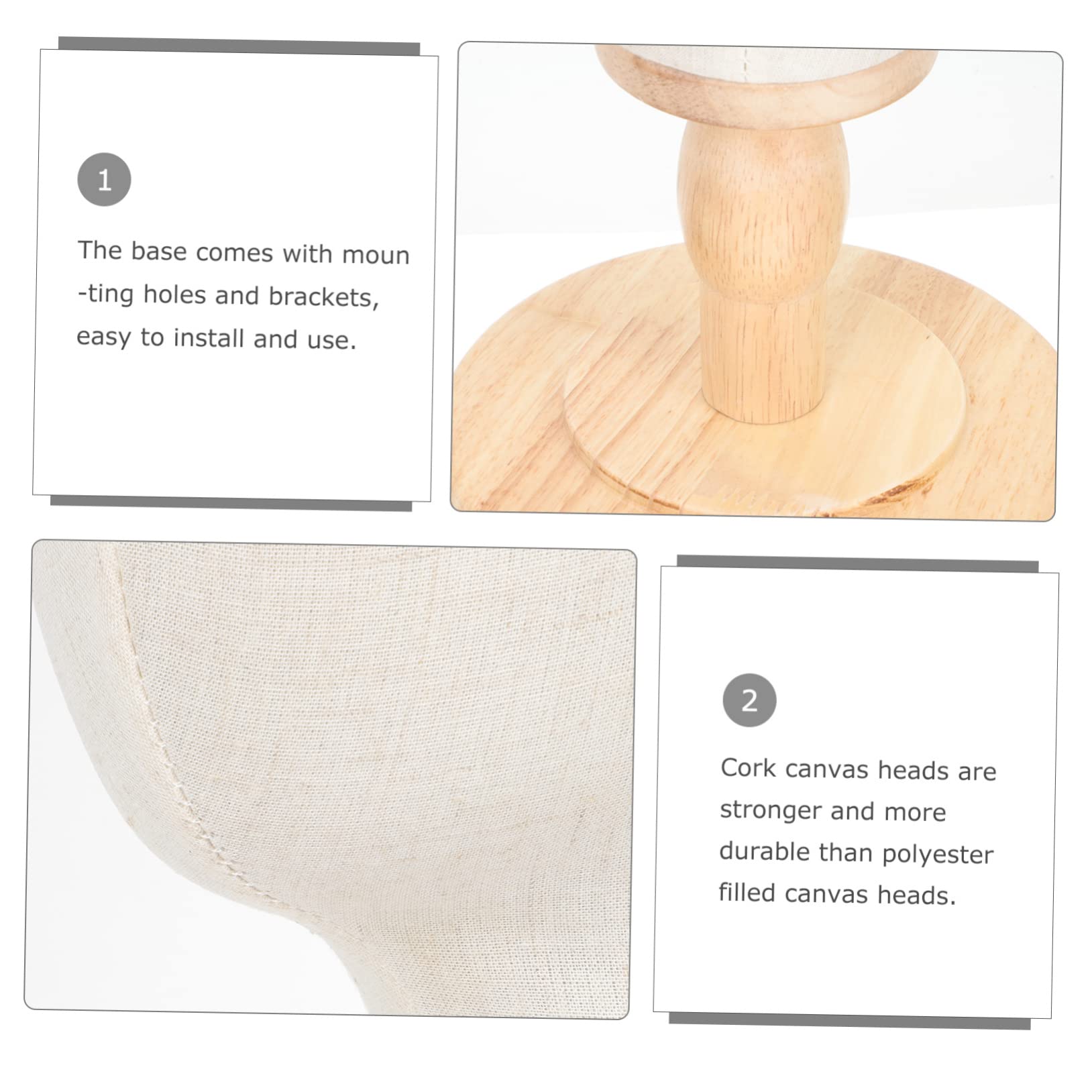 Mobestech Présentoir Tête Mannequin en Lin Naturel Socle Bois, Modèle D'entraînement pour Perruques Et Chapeaux, Support Polyvalent pour Bijoux, Lunettes Et Accessoires De Coiffure