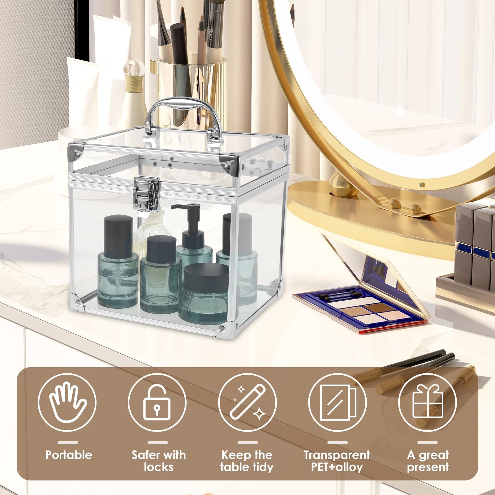 ,Plata,Caja de Belleza, Estuche Transparente para cosméticos, Caja de Maquillaje con asa, Caja organizadora de artículos de tocador, Herramientas de Maquillaje de Viaje para tocador, tocador de baño