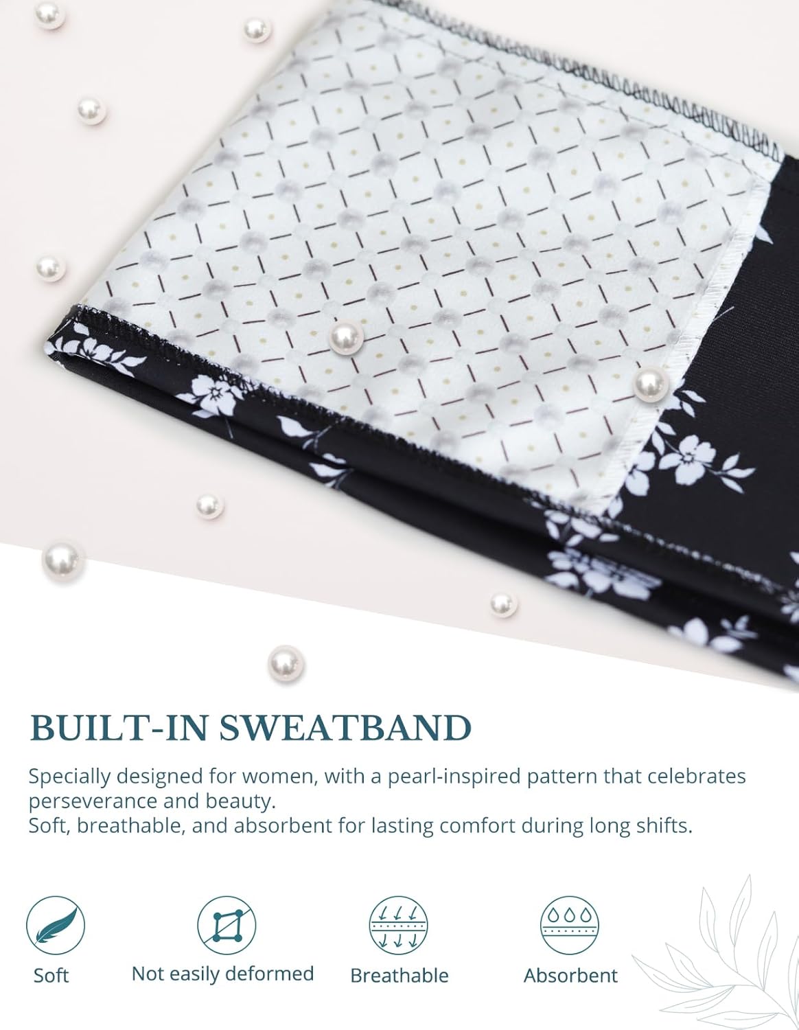 Scrub Caps Women Ponytail – Black & White Blossom Double-Sided Printed Surgical Hat with Buttons and Sweatband, Soft Nurse Cap for Long Hair, Helps Reduce Static Buildup - Image 5