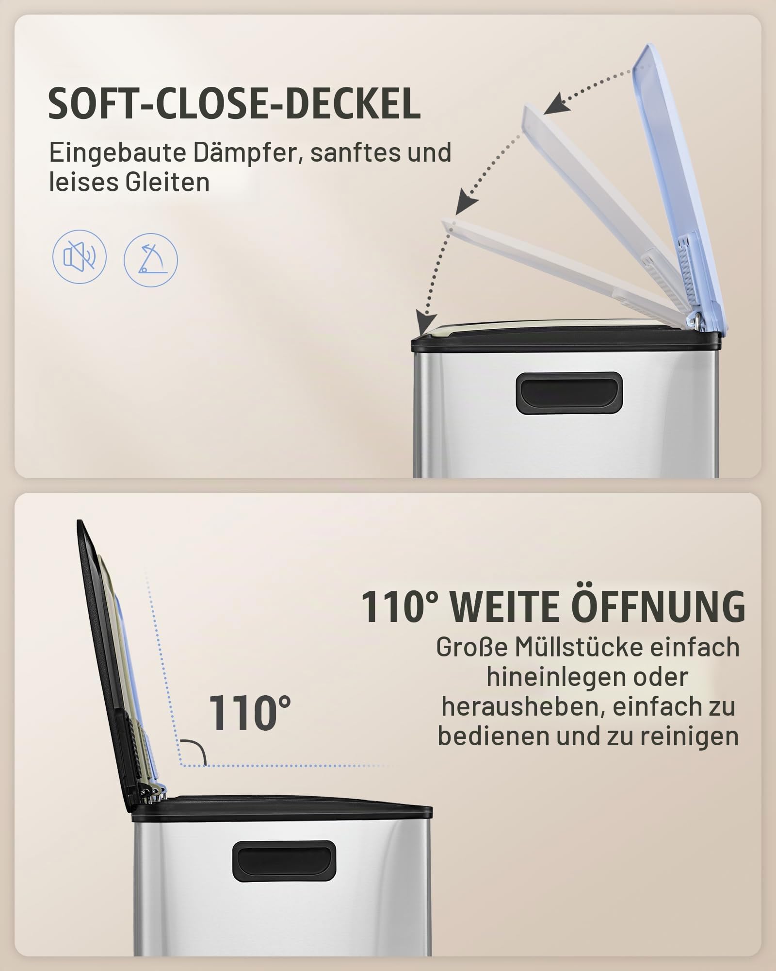 Hzuaneri Mülleimer Küche, 3 x 18 L, Mülltrennsystem 3 Fächer, Mülleimer mit Farbigem Soft-Close-Deckel und Pedal, Küchenabfalleimer mit Inneneimer, Stahl, inklusive 15 Müllbeuteln, Silber SW31899E