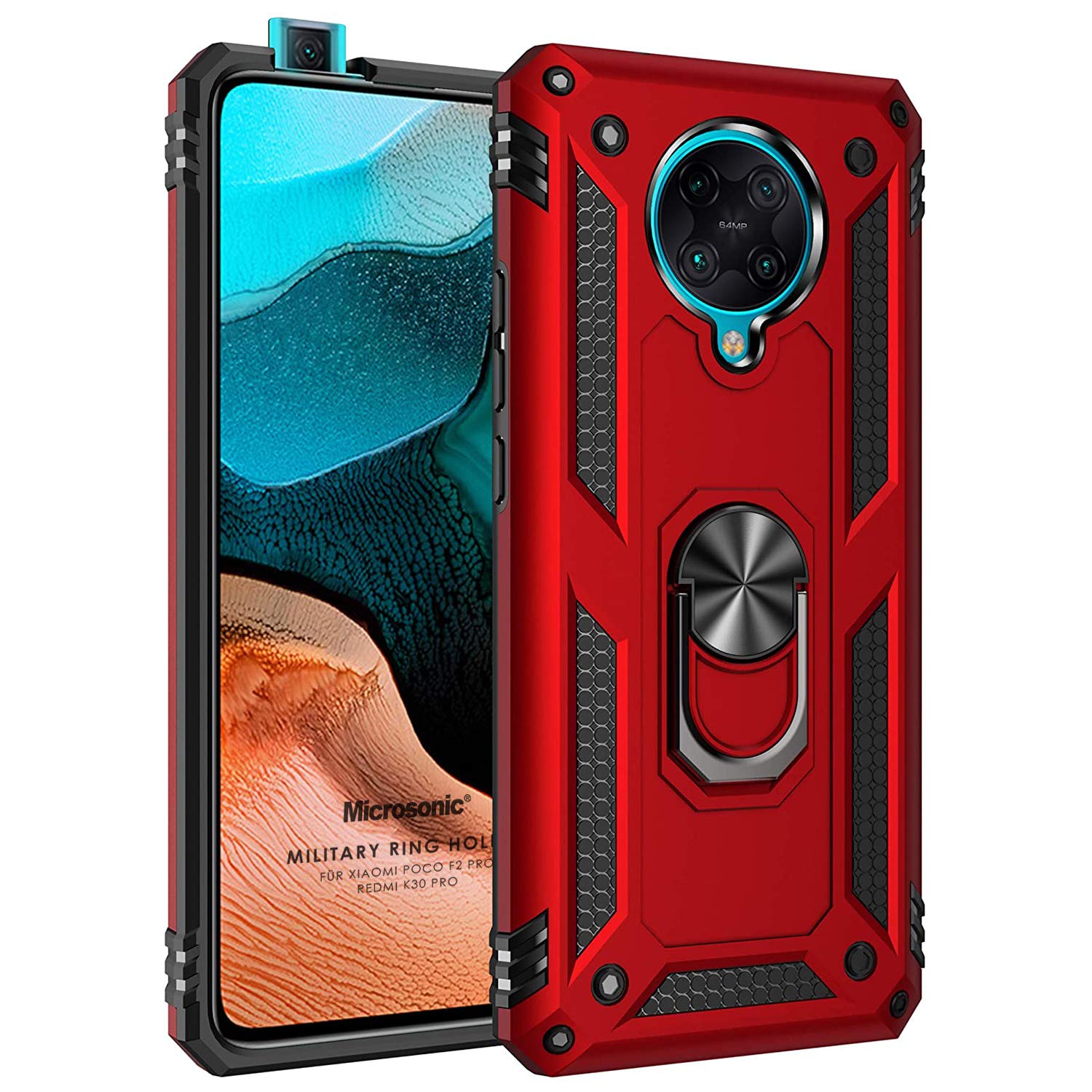 Microsonic Xiaomi Redmi K30 Pro için Kılıf Military Ring Holder Kırmızı [Redmi K30 Pro ile Uyumlu Kılıf - Kırmızı]